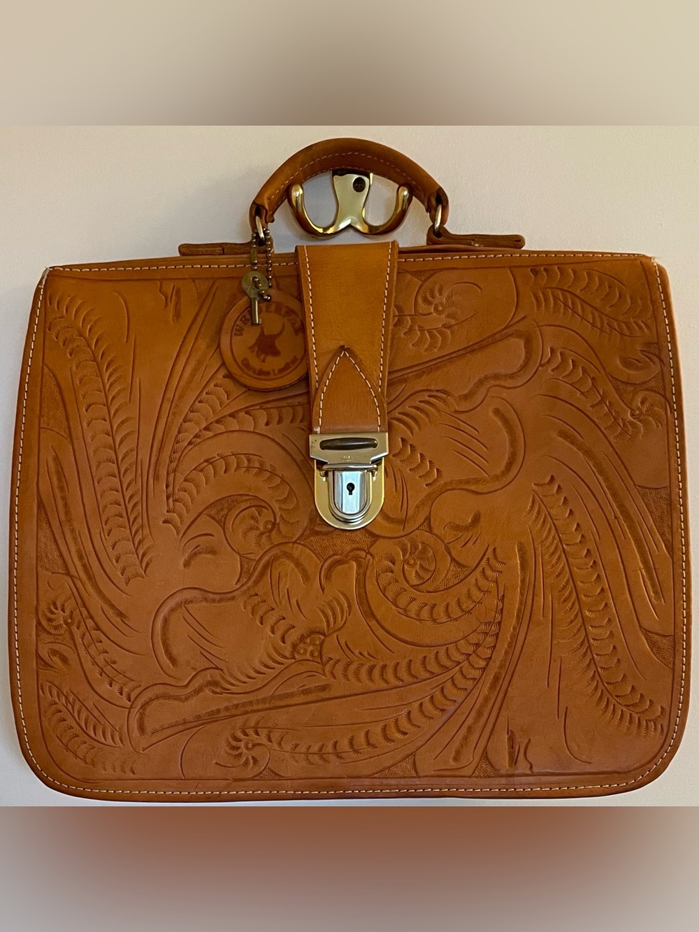 Vintage Hand-Tooled Saddle Leather Briefcase 14" W/KEY Made in Paraguay
